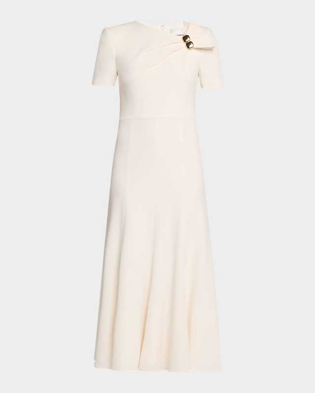 Embellished Pleat Light Cady Midi Dress